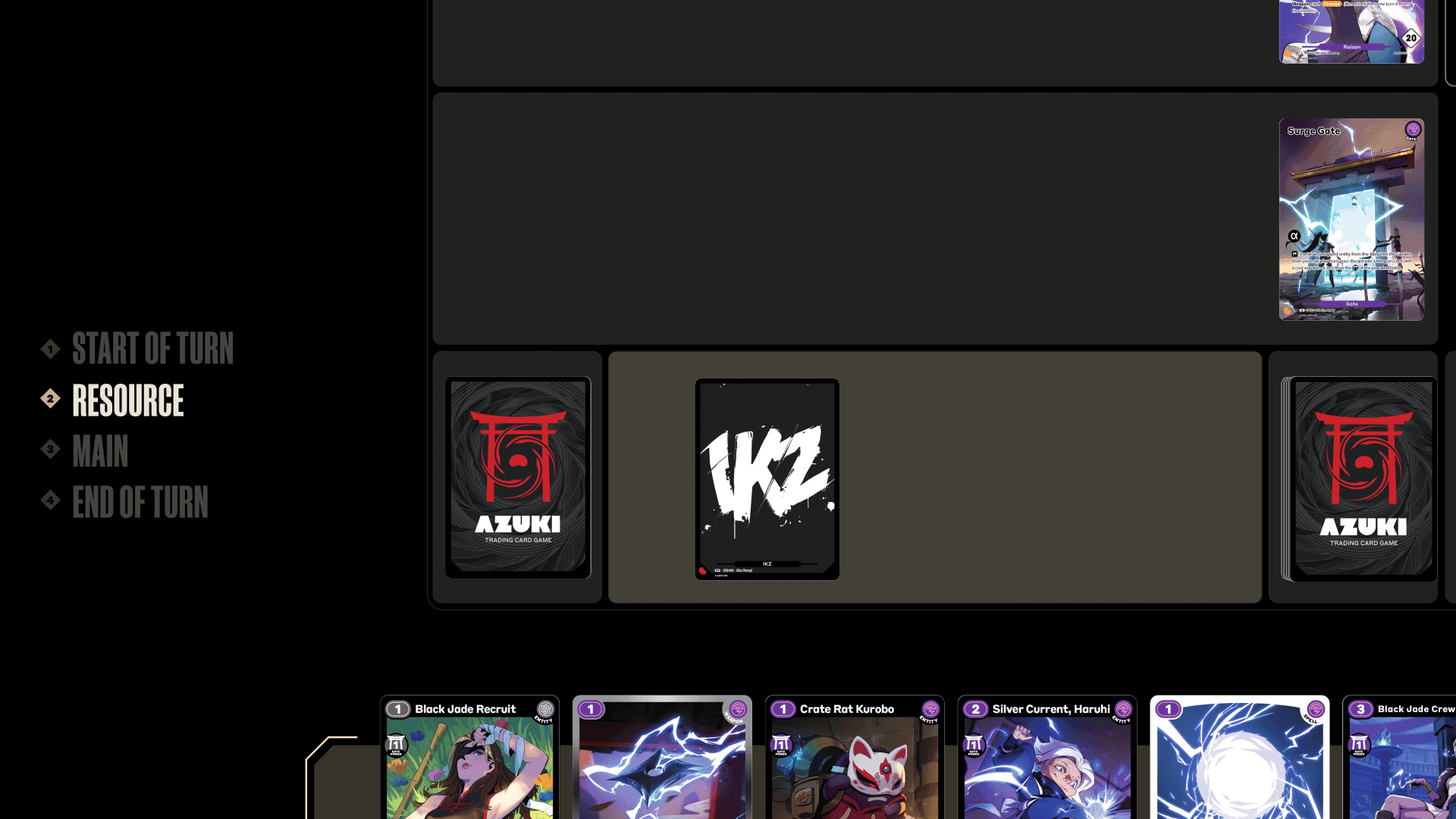 Azuki TCG IKZ resource tracker increasing from zero over multiple turns.