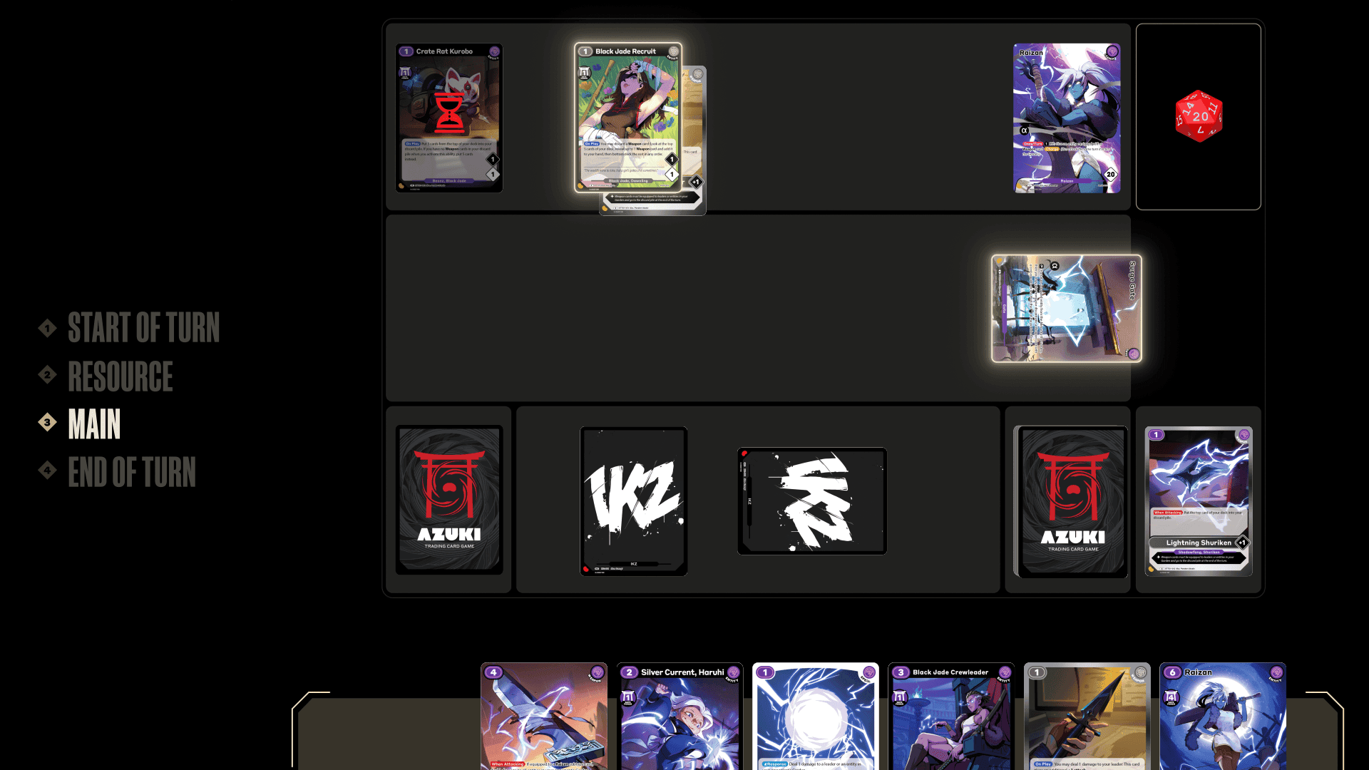 Azuki TCG main phase actions including playing cards, activating effects, portaling, and attacking.
