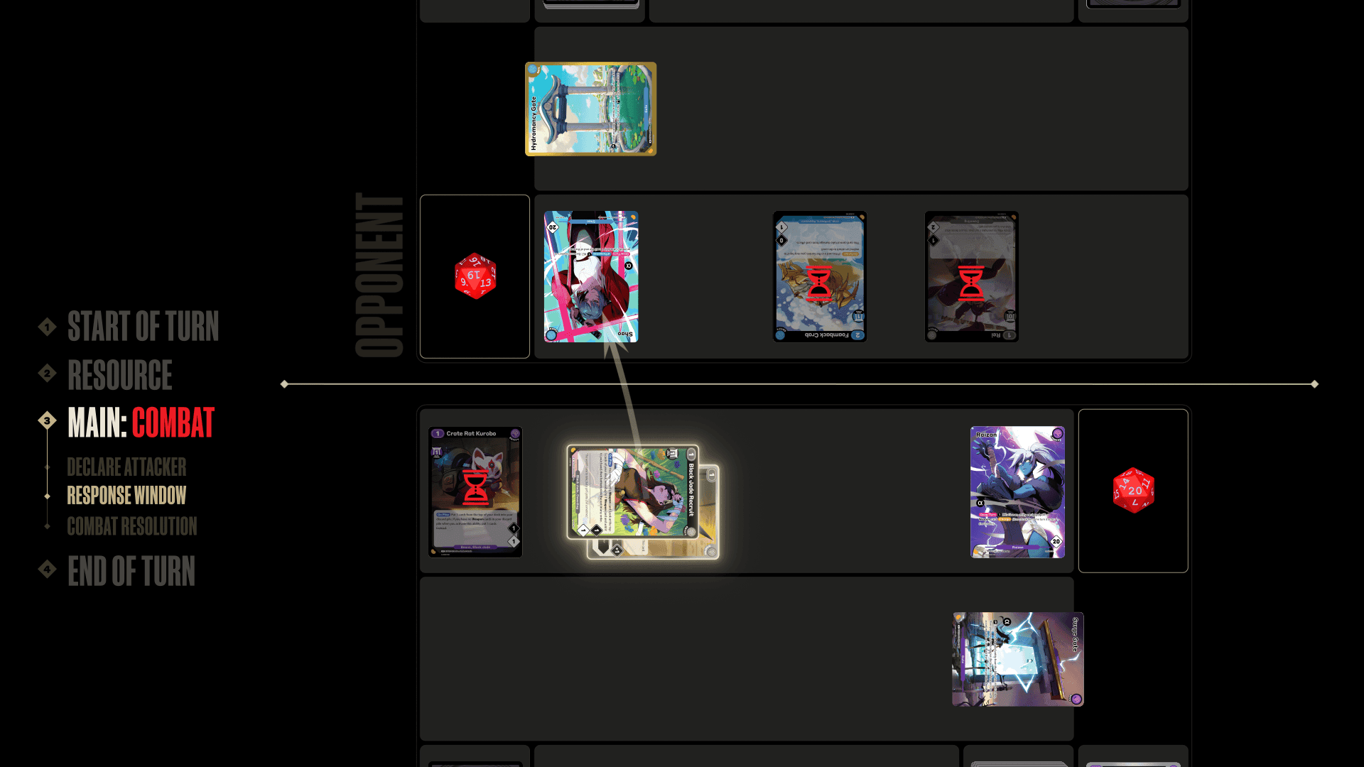 Azuki TCG combat example showing leaders, entities, attacks, and response windows.
